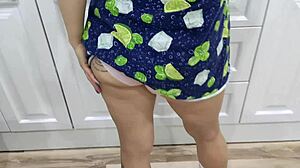 house owner pounds housekeeper's hairy pussy in kitchen cums on belly