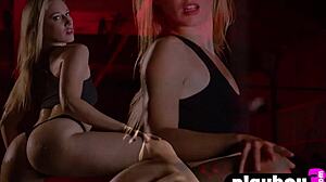 Big ass blonde milf flexes post-workout while hot black babe poses nude teasing