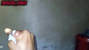 Oiled skinny solo erupts massive cum fountain