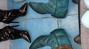 Peeing Streams Down Shiny Ankle Boots in Ass-Focused Fetish