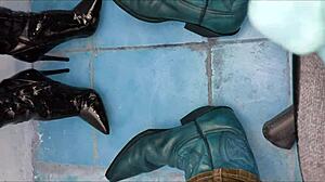 Peeing Streams Down Shiny Ankle Boots in Ass-Focused Fetish