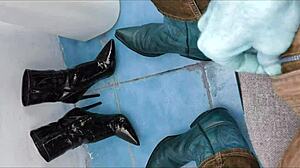 Peeing Streams Down Shiny Ankle Boots in Ass-Focused Fetish