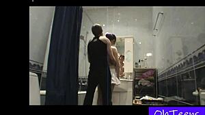 two curious college teens splash into steamy bath fun together
