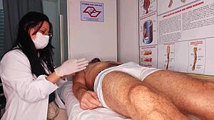 nurse and esthetician watch patient's huge erection grow hard