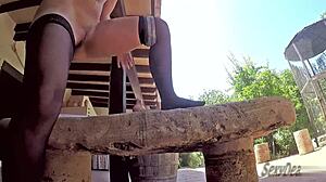 warning cum storm hits as milf squirts wildly from outdoor dildo vibrator play on tight pussy and huge ass!