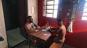 Big Cock Bodybuilder Plays Cards Turns To Fucking Two Muscular Black Pornstars