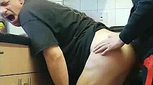 omg girlfriend kelly pegs boyfriend mark's ass to mouth in kitchen shower!!