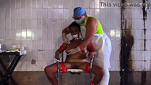 Ebony dominatrix Mistress April binds and fucks slave in block house!
