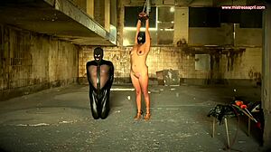 Ebony dominatrix Mistress April binds and fucks slave in block house!