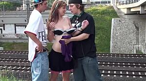 Cum in the Mouth of a Hot Blonde Teen 18+ Girl in a Public Street Sex Threesome
