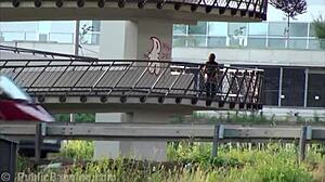 Cum in the Mouth of a Hot Blonde Teen 18+ Girl in a Public Street Sex Threesome