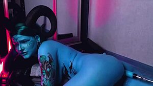 tattooed blue-eyed babe's huge tits bounce as machine drills deep