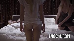 Step-parents lure petite stepdaughter into taboo threesome bent over doggystyle