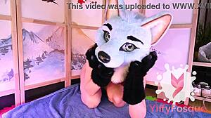 Fursuit worshipping redhead crossdresses transforms into furry pussy masturbator