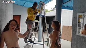 Naked hosts tease visitor in garage surprise
