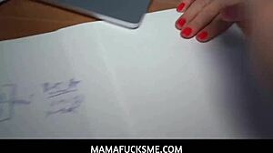 tattooed stepmom catches stepson jerking, sucks tits pussy for exam study break.