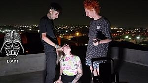 Young skinny goddess dominates two monster cocks bareback on roof with feet worship and pierced nipple tease