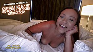 vacation bed sharing turns wild with adriana maya's big booty stepsis curves bouncing
