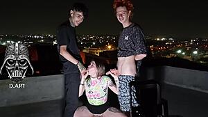 Young skinny goddess dominates two monster cocks bareback on roof with feet worship and pierced nipple tease