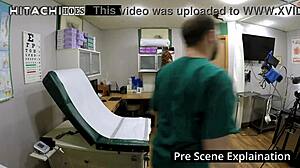 nurse giggles spreads shaved pussy and cums hard on hospital clock backstage