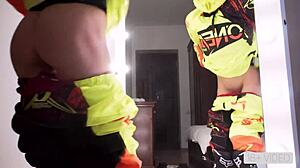 masked fitness model's horny bent over sex on motorcycle leads to cumshot swallow