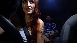 horny driver catches guy jerking off in back seat rips clothes for public tit flash