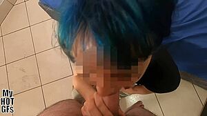 stunning blue-haired maria experiments first time facial cum bath delight