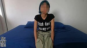 stunning blue-haired maria experiments first time facial cum bath delight