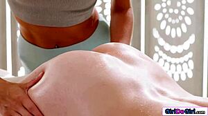 busty masseuse shocked finding buttplug clients ass then licks pussy lesbian massage