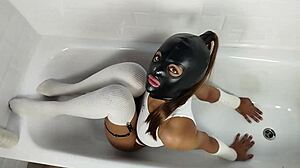 this pervert bitch slurps my cock in the tub then i facefuck her masked face