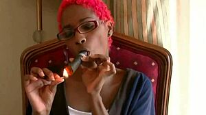 Skinny Ebony Miss Fifi Smokes Cigar In Corset Stockings