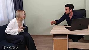 so this 18yo blonde secretary bends over the desk as her boss punishes her pussy with rough doggystyle cumshot