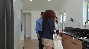 Green Uniformed Teen Students Dirty FFM Threesome Interracial Skirt Fucking Orgasms