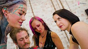 three latex goddesses wreck tattoo slave's cock with brutal urethral fingering sounding