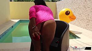 wanna see this asian pool babe maxine x stretch her huge pussy lips on massive toy till she squirts??