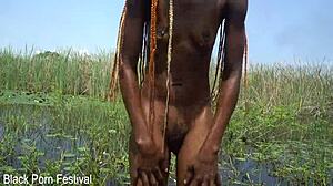 Wow! Slim African Babe's Soft Butt Shines Bathing Outdoors!