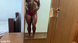 Tanned athletic latina with big tits and clit rides and sucks huge cock closeup