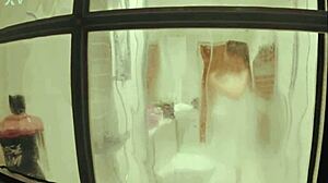 peeking on chubby neighbor's wet shower pussy flash