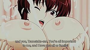 Busty anime teen drops to her knees for monster cock blowjob, big tits heaving as she cums hard in hentai