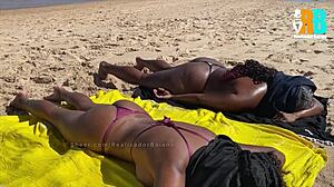 baiano films two brazilian big ass slaves masturbating oiled on beach in public interracial ffm bdsm submissive adventure
