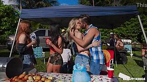 blonde bikini athlete parties bush outdoor blowjob fingering hairy pussy