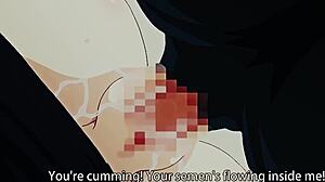 Busty anime teen drops to her knees for monster cock blowjob, big tits heaving as she cums hard in hentai