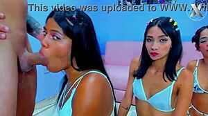 Stepdad stunned as slutty stepsisters team up for deepthroat surprise on webcam