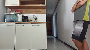 Risky kitchen hookup with friend's husband while mine showers nearby