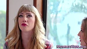 Lesbian teen 18+ grinds scissoring pussy on milf mother-in-law.