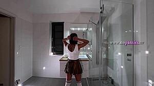 i get so bored in this bathroom ignoring my petite brunette in hot miniskirt