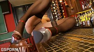 Sexy Big Tits Blonde Maid Milf Fingers Pussy On Bar Counter