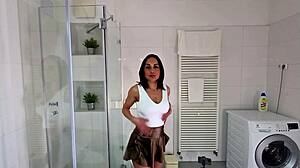 i get so bored in this bathroom ignoring my petite brunette in hot miniskirt