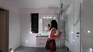 i get so bored in this bathroom ignoring my petite brunette in hot miniskirt