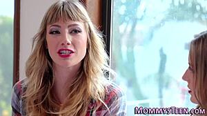 Lesbian teen 18+ grinds scissoring pussy on milf mother-in-law.
